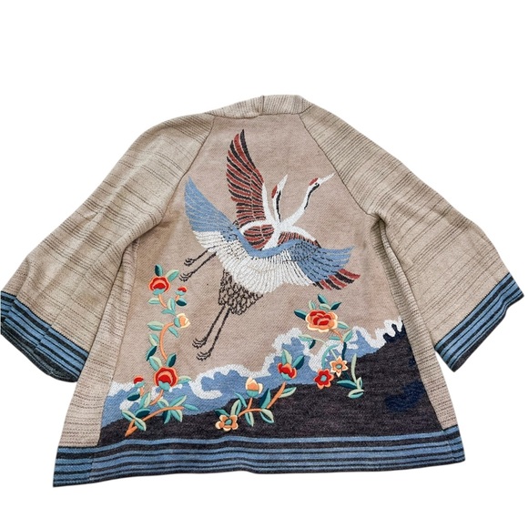 Anthropologie HWR Rare Embroidered Crane Wool Blend Kimono Cardigan XS - Picture 3 of 11